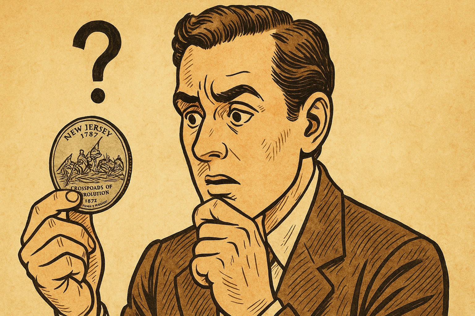 A vintage-styled person holds a state quarter in a hand, wondering about its costs and origin.