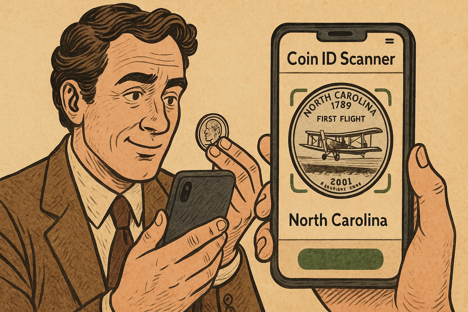 A wealthy vintage-styled person defines a coin via the Coin ID Scanner.