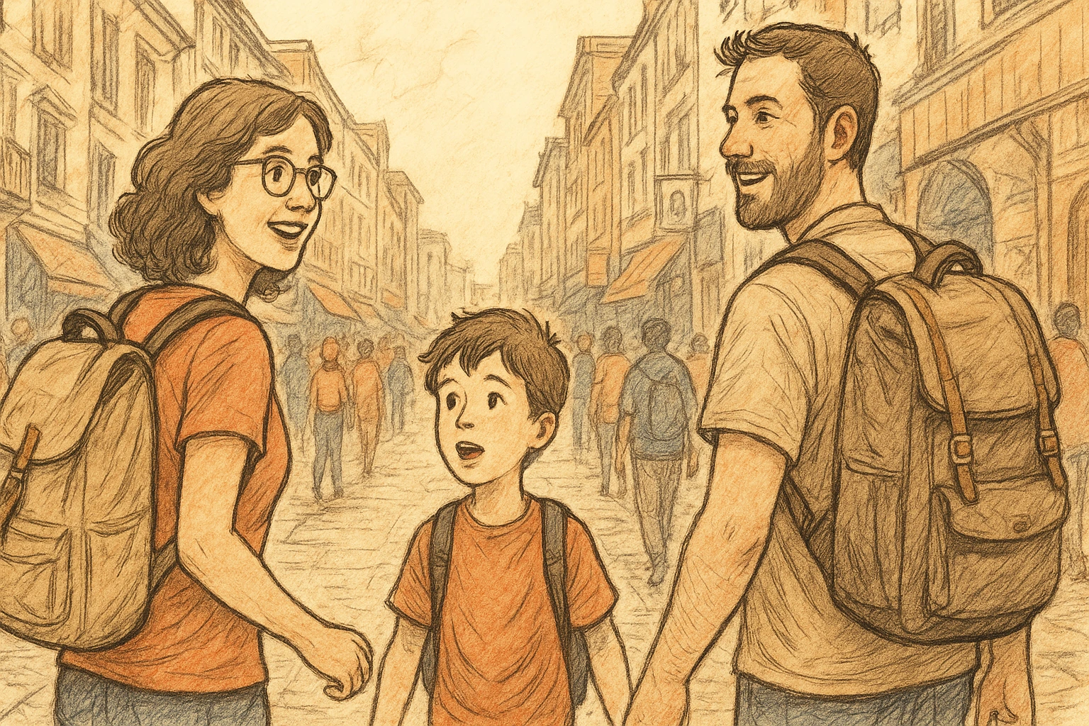 A family is walking around the city and enjoying their holiday.