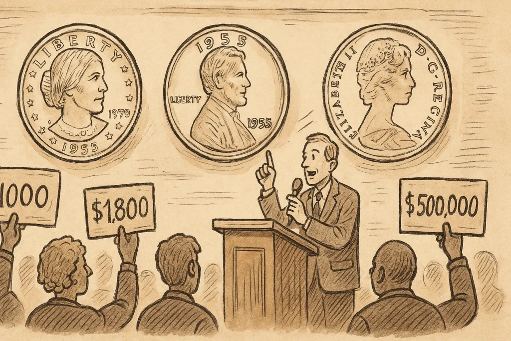 An auction where modern coins are being sold for large sums of money.