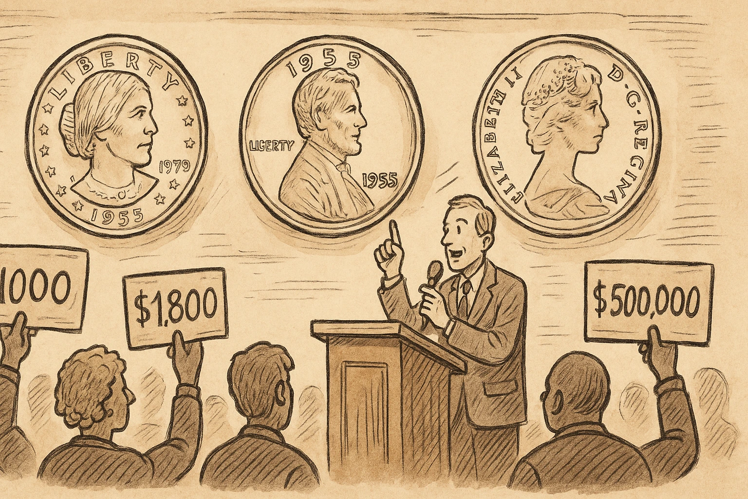 An auction where modern coins are being sold for large sums of money.