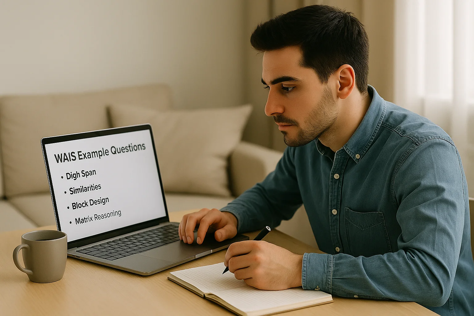 A young man studies WAIS sample tasks on his laptop at home with a notebook and coffee beside him.
