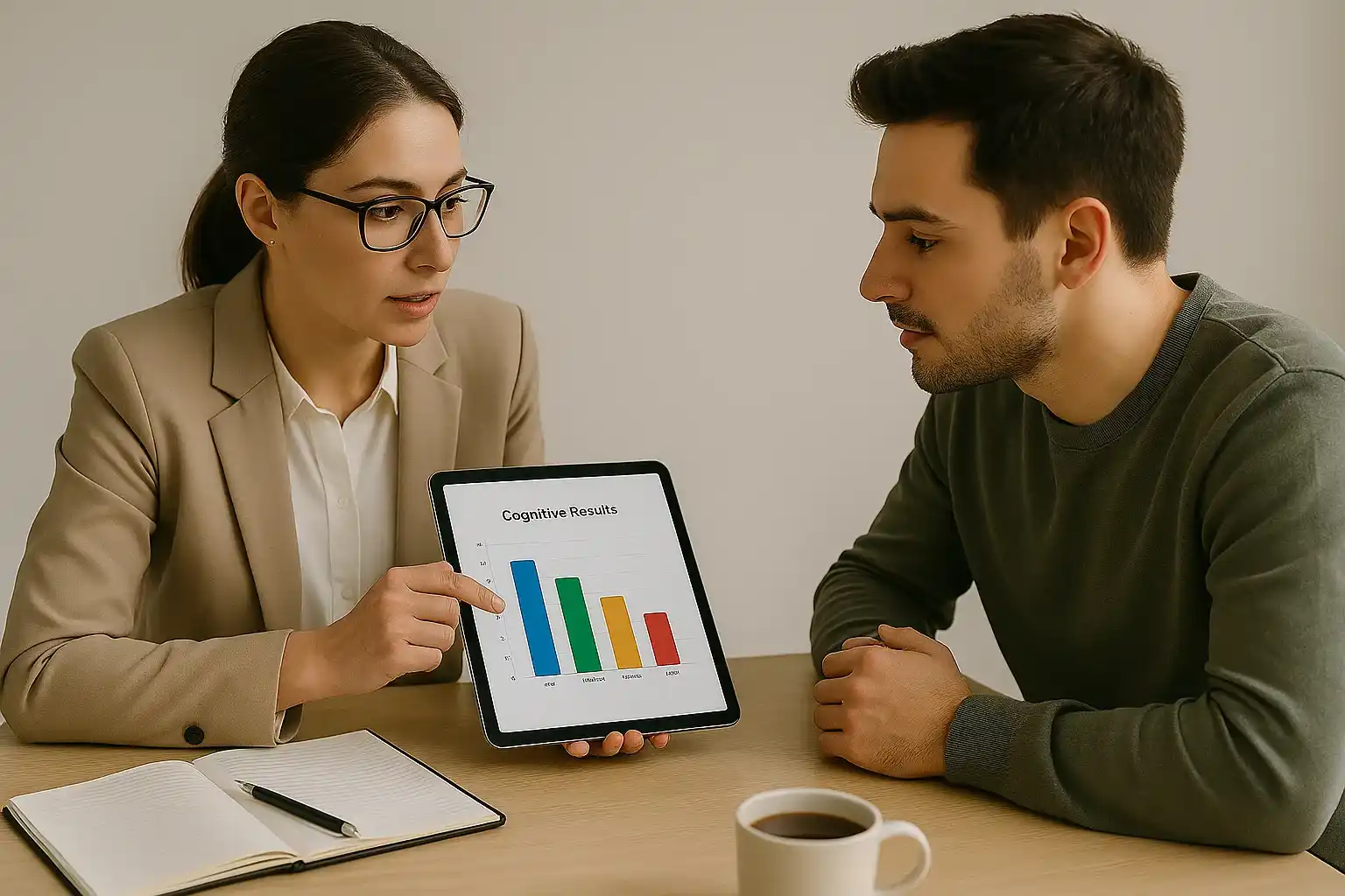 A professional shows a client a cognitive results chart on a tablet as they discuss strengths and weaknesses.