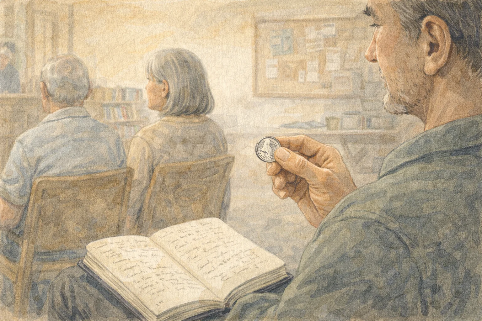 A coin club discusses Jefferson nickels in the library.