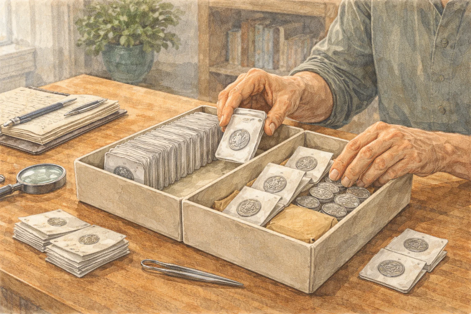  A collector organizes a set of nickels and sorts coins at home.