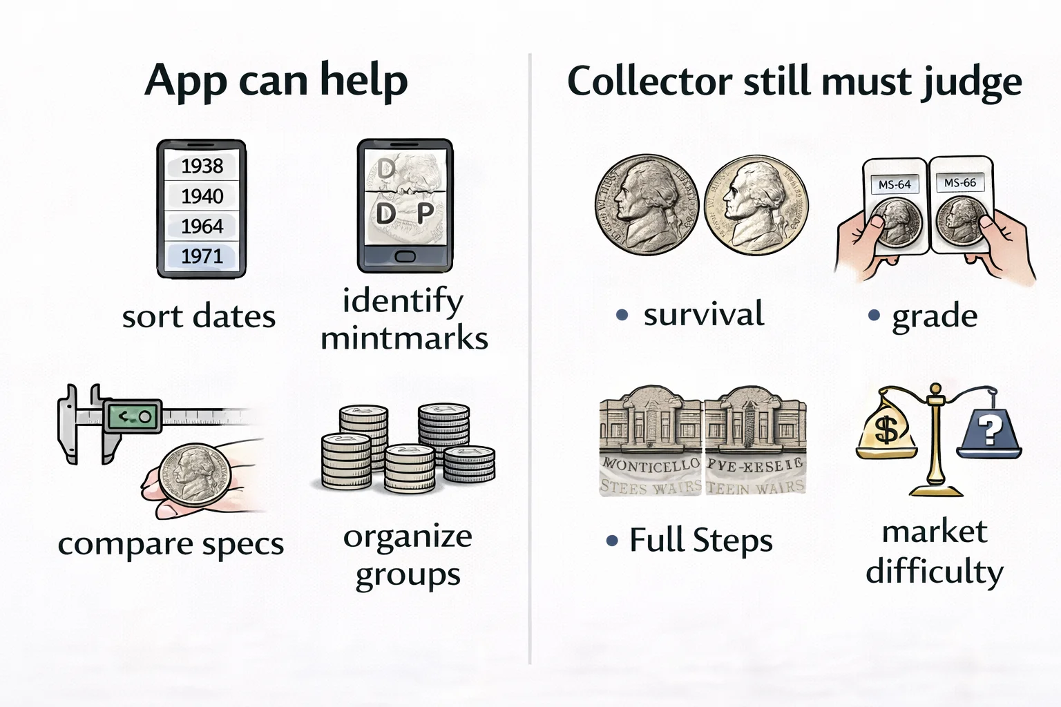  Infographic showing what a coin app can help with and what still requires collector judgment.